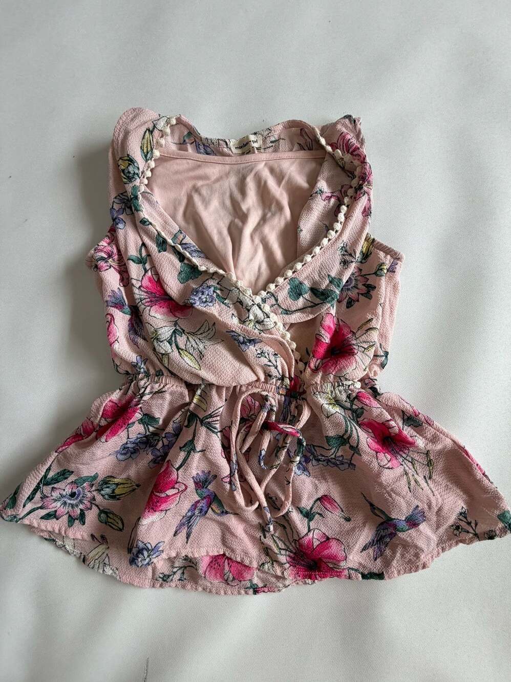 Monteau Girl L Pink Floral Hummingbird Blouse Boho Cropped Too Coquette Summer
